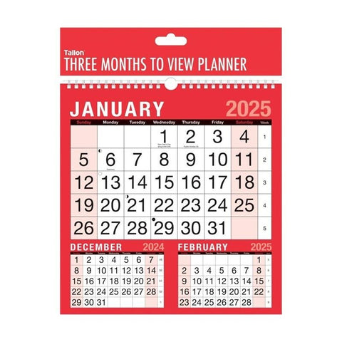 2025 3 Month to VIew Wall Calendar

* Spiral Bound
* Metal Hanging Hook
* Red &amp; White
* Large Numbers - Easy to Read
* 3 Months per Page
* Size: 25mc x 24mm
* 12 Month Calendar on reverse with 2026
* UK, Ireland, holiday dates
* Lunar Phases


Keep your busy schedule organised with this modern wall planner organiser calendar from Tallon.

With a 3 Month to View design, this calendar is perfect for any room in your home or workspace.

The calendar features a red and white colour scheme and is suitable fo