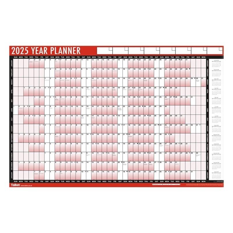 A1 Wall Planner

* Size: A1 88cm x 58cm
* With Pen and Adhesive Dots
* Made by Tallon
* Rolled up and Sent in a Postal Tube


Keep your home or office organised with this 2025 A1 Wall Planner Pen Laminated Home Office Commercial Organiser.

The organiser is laminated for durability and comes in a stylish red and white colour combination.

This wall planner is perfect for keeping track of important dates, meetings, and tasks.

It is suitable for use in various rooms such as the office, basement, caravan, foy